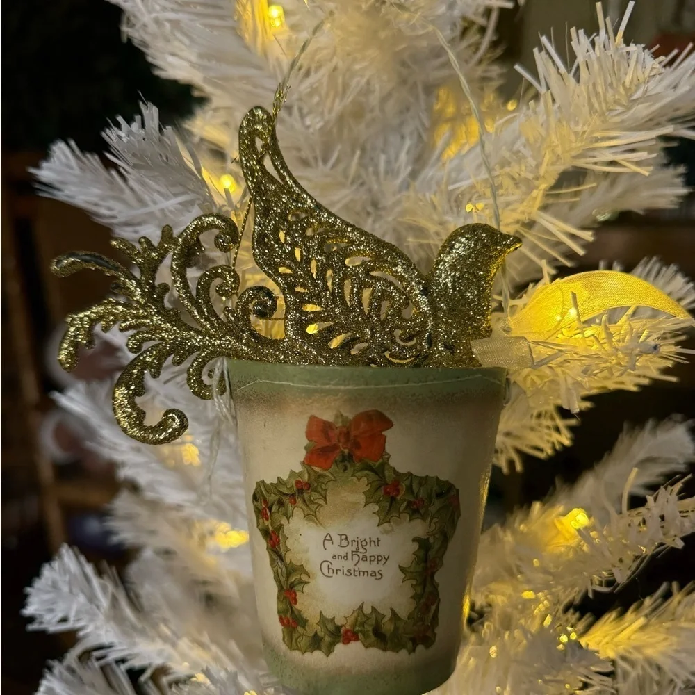 Vintage 1994 Gold Glitter Peacock Bird & Wreath Bucket Ornament - Holiday Decor